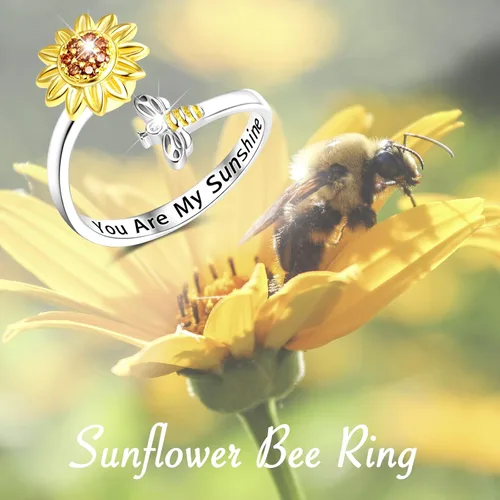 Vista 2 de Sunflower You are My Sunshine Jewelry - Collar de plata de ley 925 con colgante de girasol lindo collar de abeja ajustable, anillo abierto