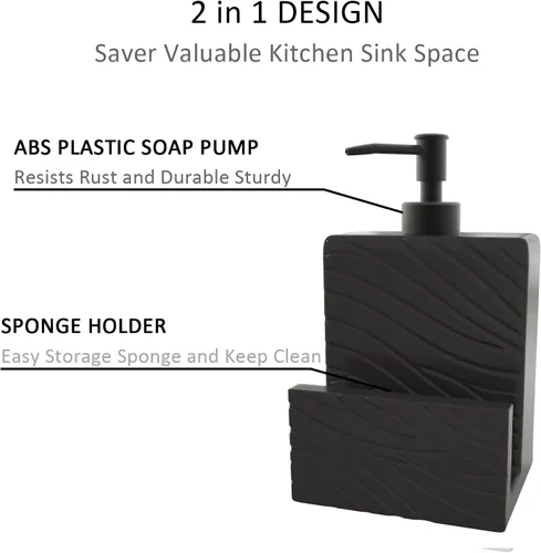 Vista 5 de Dispensador de jabón de cerámica con soporte de esponja para fregadero de cocina, contenedor de jabón líquido 2 en 1 con embudo para encimera, baño