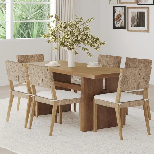 Vista 17 de Nathan James Silla de comedor Beacon Boho, silla de comedor Boucle con acento de fibra de mar y patas de madera maciza, crema Boucle/marrón claro