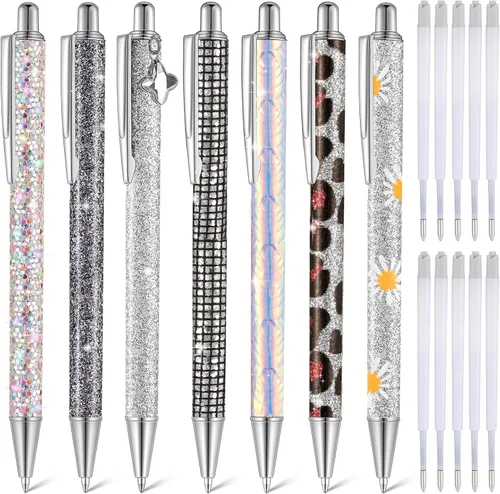 Vista 16 de Sherr 7 bolígrafos elegantes para mujer, lindos bolígrafos de purpurina brillantes con 10 recambios de tinta negra, bonitos regalos para niñas