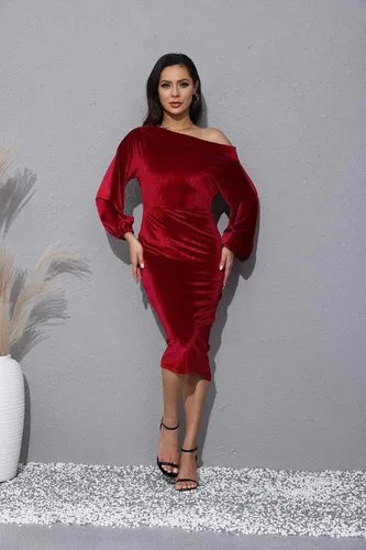 Vista 3 de Vestido Salimdy de manga larga de terciopelo altura a la rodilla ajustado hombro descubierto sexy para fiesta para mujer
