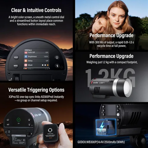 Vista 7 de GODOX AD300Pro II 300Ws Flash estroboscópico monolight, 2.4G TTL 1/8000 HSS 2.4G Flash inalámbrico TTL, 0.01-1.5s tiempo de reciclaje, 350 potencia