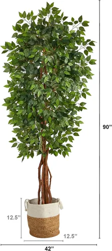 Vista 2 de Nearly Natural Árbol de ficus artificial de lujo de 7.5 pies con cesta de yute y algodón hecha a mano