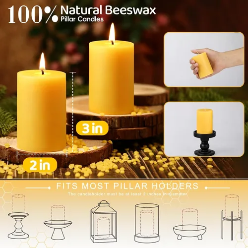 Vista 2 de Velas de pilar de cera de abeja natural, no tóxicas, 2 x 3 pulgadas, paquete de 6, 192 H de combustión larga Amarillo