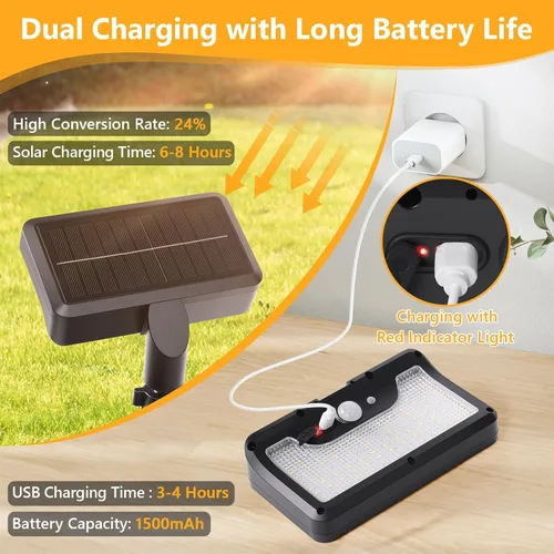Vista 4 de Luces solares con clip para exteriores con sensor de movimiento, luces de valla solares ajustables verticalmente y giratorias en 360° con 92 LEDs