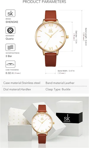 Vista 7 de SHENGKE Relojes de cuero de lujo de cuarzo Relogio Feminino para mujer Relogio, K0056-Marrón