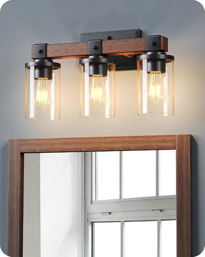 Vista 11 de EDISHINE - Apliques de pared de madera pintada de 2 luces, lámpara de tocador de granja Clear Glass Shade, Up & Down Mounting Optional, E26 Base
