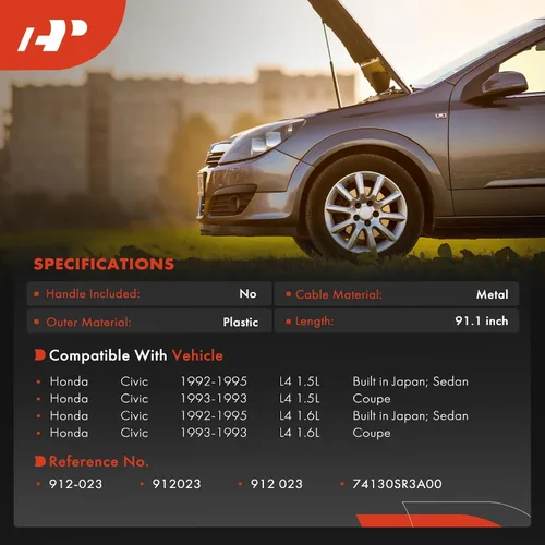 Vista 2 de A-Premium Cable de liberación del capó delantero sin mango compatible con Honda Civic 1992 1993 1994 1995, 91.1 pulgadas Compatible with Honda