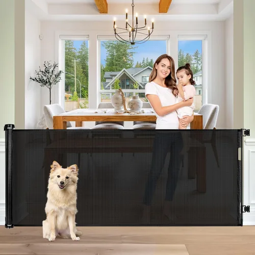 Vista 22 de Puertas retráctiles para bebés para puertas, puerta retráctil para perros de 55 pulgadas de ancho para escaleras, puertas de malla para perros