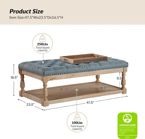 Vista 2 de HULALA HOME - Mesa de café otomana rectangular con bandeja, otomana acolchada para sala de estar con estante de almacenamiento de madera maciza, azul
