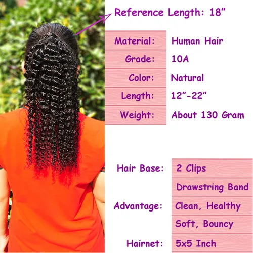 Vista 6 de Cola de caballo de cabello humano rizado con cordón brasileño Remy Extensin 3C Kinky Curly Hair Clip en pieza de pelo color natural sedoso suave 10