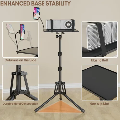 Vista 3 de KOOV Soporte para proyector de altura ajustable de 20 a 61 pulgadas, soporte de trípode plegable para proyector con bandeja para mouse y soporte