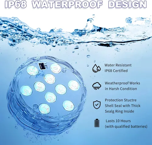 Vista 4 de Mudder Paquete de 12 luces LED sumergibles con control remoto de 2.8 pulgadas, luces LED subacuáticas impermeables para piscina, lámpara LED