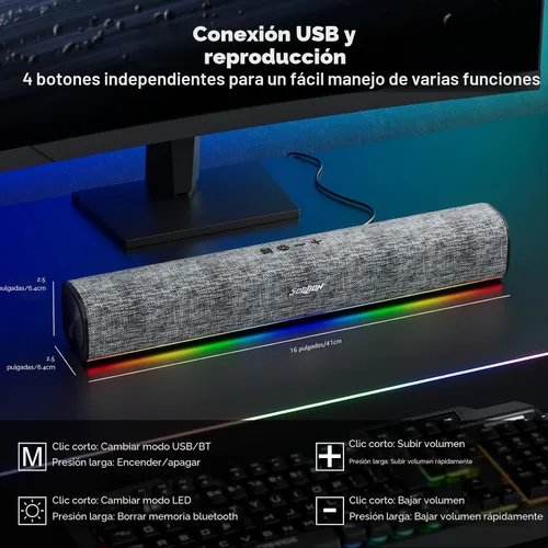 Vista 2 de SOULION R100 Altavoces de computadora Bluetooth con luz LED dinámica, altavoces de PC USB Plug & Play con botón de interruptor, barra de sonido