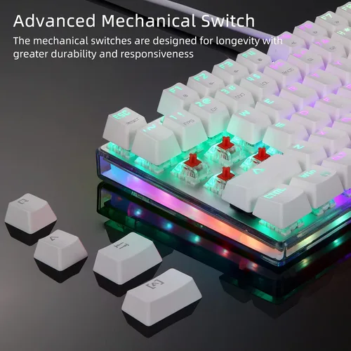 Vista 4 de MOTOSPEED Teclado mecánico para juegos RGB retroiluminado inferior transparente anti-fantasma 87 teclas teclado USB iluminado