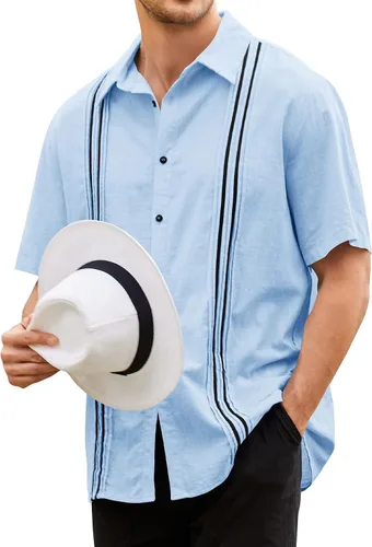 Vista 3 de Hestenve Guayabera - Camisas para hombre con botones de manga corta para campamento cubano, camisas de playa de algodón