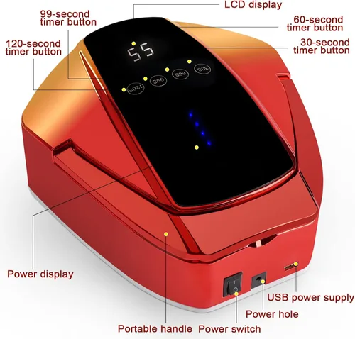 Vista 2 de Lámpara de uñas LED inalámbrica de 96 W con mango portátil, lámpara UV de curado profesional para uñas de gel, sensor infrarrojo automático y 4