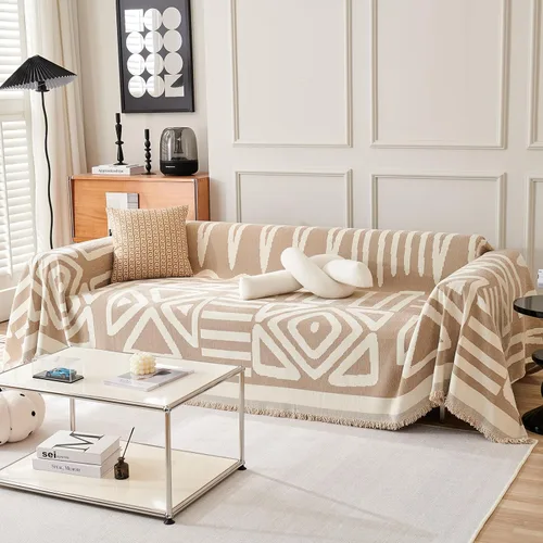 Vista 5 de VClife Funda bohemia de felpilla para sofá, apta para mascotas, gruesa, beige, crema, blanco, a cuadros, triangular, con borlas, agradable a