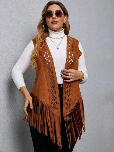 Vista 4 de SheIn Chaleco de ante sin mangas con flecos para mujer, estilo hippie, chaqueta estilo hippie de los años 70
