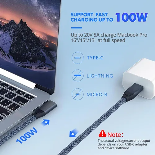 Vista 2 de Cable USB C en ángulo recto de 100 W, 10 pies, 2 unidades, USBC a USBC 3.2