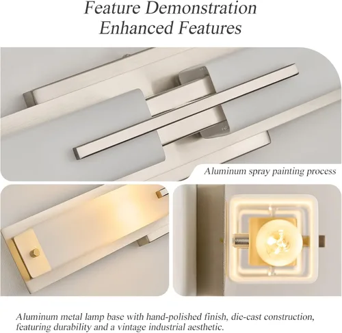 Vista 4 de VitaLink Lámpara de tocador de baño de 24 pulgadas, níquel satinado, 2 luces de vidrio esmerilado para baño, accesorios de iluminación cableados