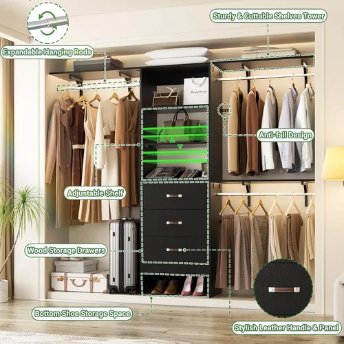 Vista 5 de Besiost Sistema de armario con cajón, sistema organizador de armario de madera de 8 pies con 3 varillas para colgar y torre de estanterías, armario