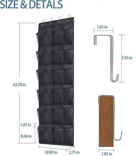 Vista 2 de Organizador de zapatos para colgar sobre la puerta, 24 bolsillos extra grandes, para almacenamiento en armario, organizador de zapatos colgante