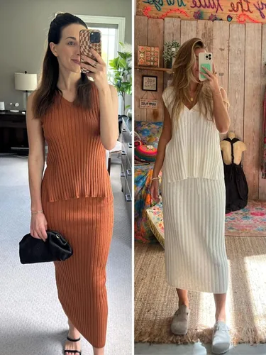 Vista 3 de Conjunto de 2 piezas de falda de punto acanalado con cuello en V sin mangas y maxi falda para mujer