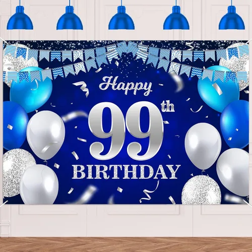 Vista 33 de Bandera de feliz primer cumpleaños con fondo azul marino, globos, confeti, bandera de rayas, luces de puntos, felicitaciones por el tema de 1 año