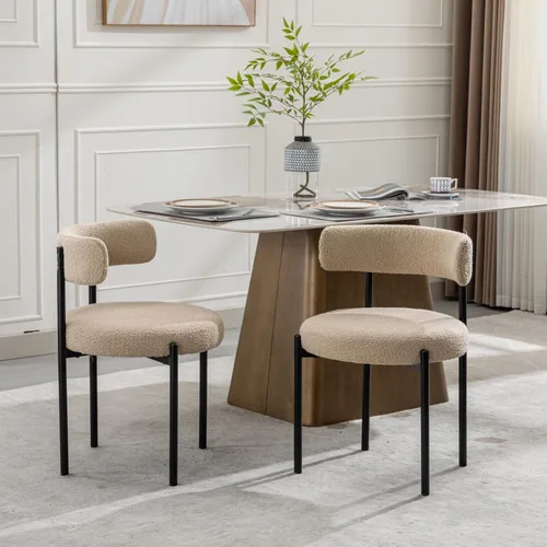 Vista 7 de Juego de 2 sillas de comedor Boucle, sillas de comedor beige con asiento tapizado y respaldo redondo, sillas de cocina modernas de mediados de siglo