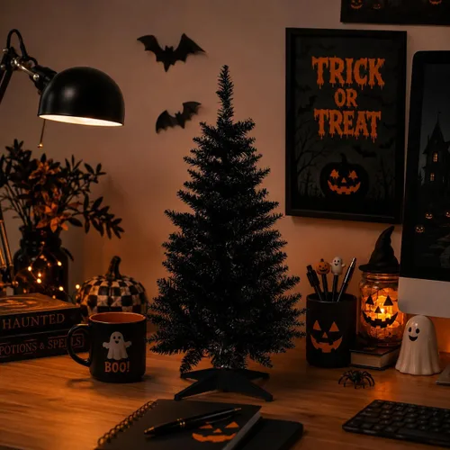 Vista 7 de Mini Árbol de Navidad de 3 pies artificial de escritorio para la decoración de Navidad y Halloween con 160 puntas de ramas, negro