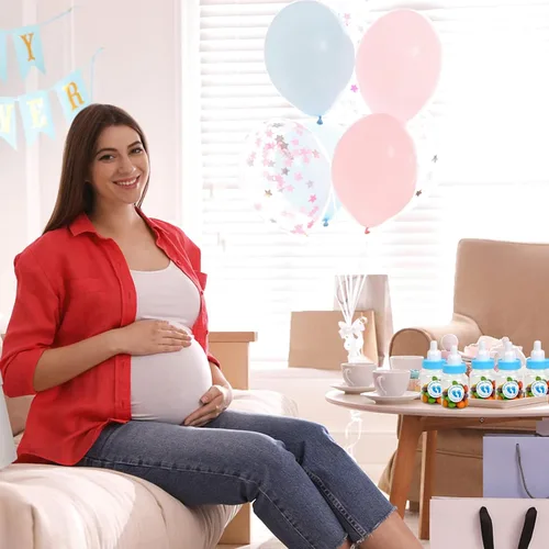 Vista 6 de 144 mini biberones azules para regalos de baby shower, plástico, ventilado, botella estándar, 5.5 onzas, juego de 144 con 500 calcomanías 144 azul
