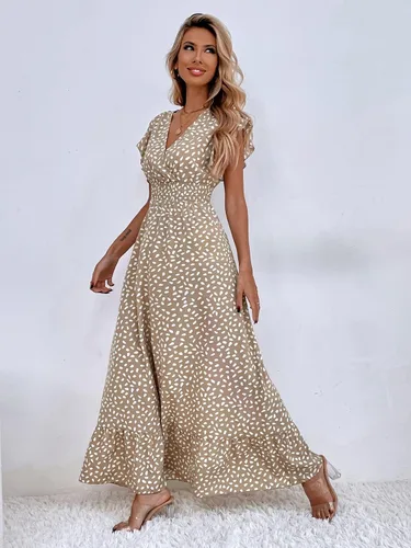 Vista 4 de SheIn Vestido largo con volantes fruncidos para mujer, manga casquillo, cuello en V