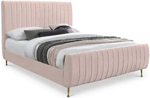 Vista 15 de Meridian Furniture Colección moderna Zara Cama tapizada de terciopelo contemporáneo con acolchonamiento de canal profundo y patas doradas a Crema