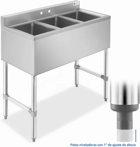 Vista 2 de Fregadero bajo comercial de acero inoxidable de 3 compartimentos NSF Gridmann