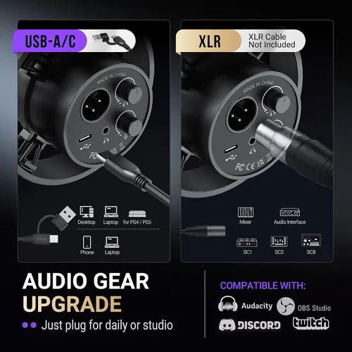 Vista 6 de FIFINE Micrófono Dinámico, XLR/USB Micrófono de PC para Grabación de Podcast para Transmisión de Locución Vocal, Micrófono de Metal de Estudio