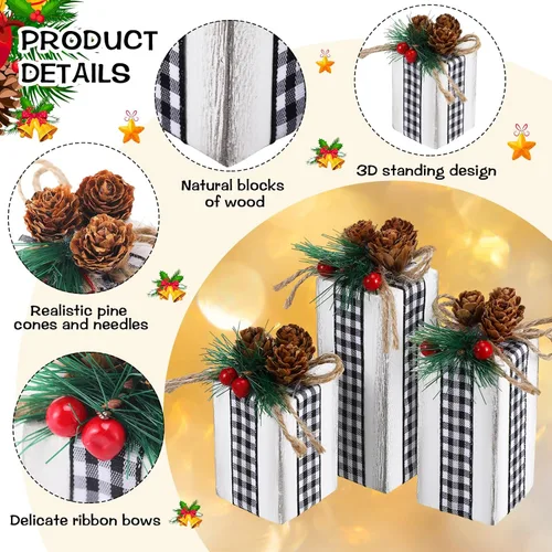 Vista 5 de Glenmal 3 piezas de centros de mesa de Navidad, cajas de regalo de madera de Navidad decoradas con arco de cinta, bloques de regalo rústicos
