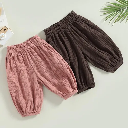 Vista 7 de Pantalones de harén para niños y niñas, pantalones básicos lisos, pantalones de algodón y lino, unisex, para bebé
