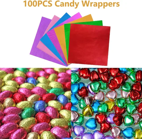 Vista 4 de 100 envoltorios de papel de aluminio para dulces, 4 x 4 pulgadas, cuadrados de papel de aluminio para dulces, chocolate, pasteles (dorado)