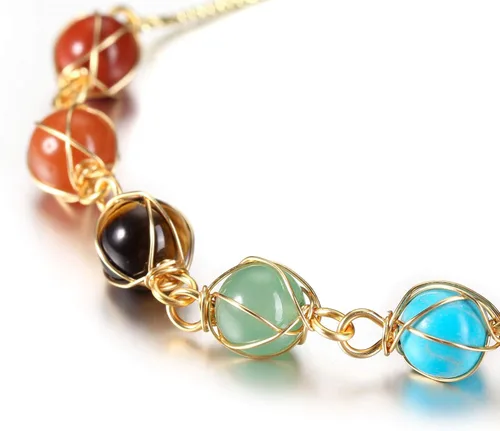 Vista 3 de Jovivi 7 Chakra Stones Bracelets for Women Girls Adjustable 14K Gold Wire Wrapped 8mm Natural Round Gemstone Beads Reiki Healing Crystal Ankle