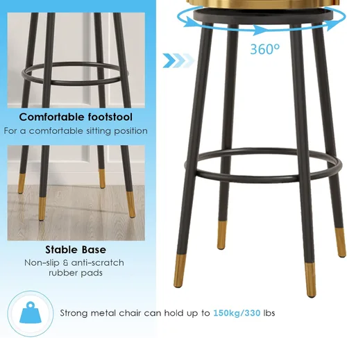 Vista 5 de Taburetes de bar giratorios modernos, sillas de altura de mostrador con respaldo dorado/negro, reposapiés de terciopelo, taburetes de bar
