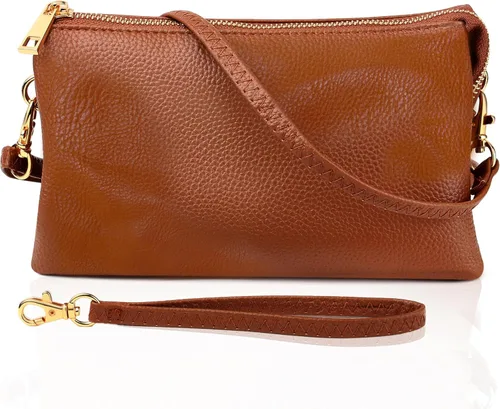 Vista 16 de Humble Chic bolsa pequeña de piel vegana, para usar cruzada o cartera con ajuste de pulsera, incluye hombro ajustable y correa para muñeca. Oro