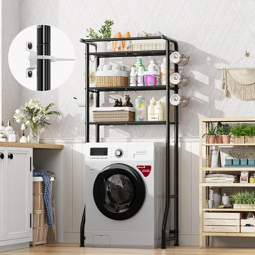 Vista 6 de Simple Trending Sobre el gabinete de almacenamiento del inodoro, organizador de estante de baño de metal con soporte para papel y ganchos, 3