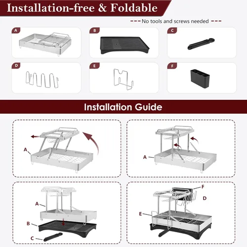 Vista 12 de Escurridor de platos, 2 niveles plegables de acero inoxidable para encimera de cocina, escurridor de platos grande multifuncional con boquilla