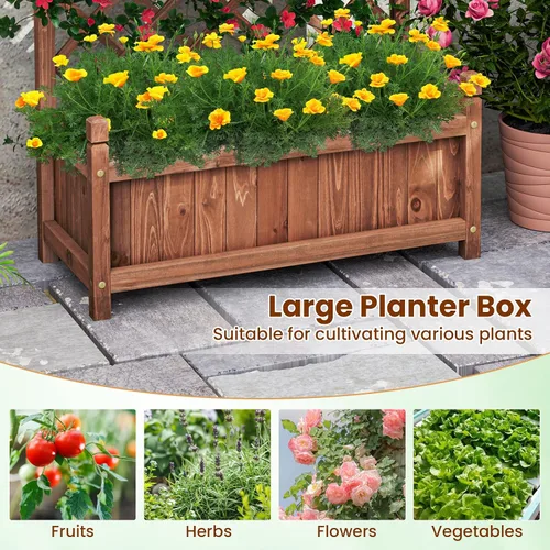 Vista 7 de Giantex Cama de jardín elevada con enrejado, contenedor de madera de 60 pulgadas con agujeros de drenaje, enrejado alto para colgar macetas
