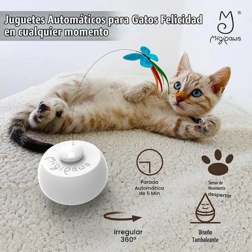 Vista 7 de Migipaws Juguetes interactivos para gatos, juguete de mariposa y plumas, bola giratoria automática para gatos aburridos de interior, sensor táctil