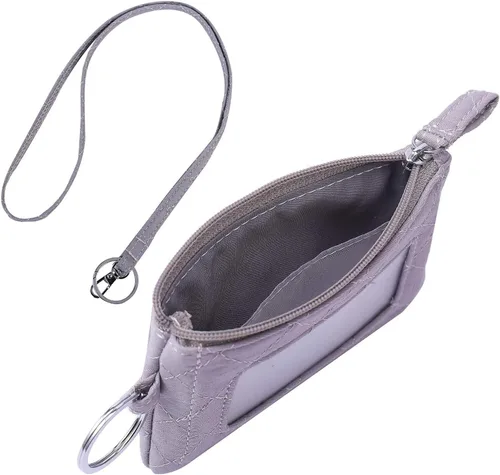 Vista 4 de Iconic Zip ID Case Card Holder for Women,Signature Cotton Coin Purse with Id Window,RFID Blocking Change Pouch with Key Chain(GREY)