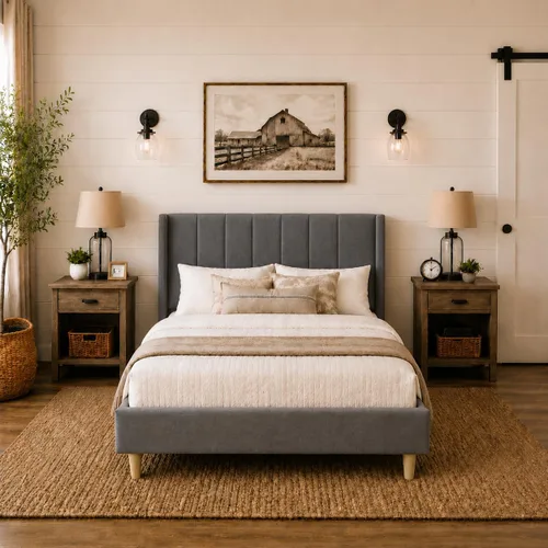 Vista 17 de Upholstered Bed Frame with Wingback Headboard and Wood Slats (Beige-Linen, Twin)