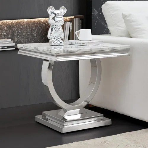 Vista 48 de SSLine Mesa de Centro Rectangular de Mármol Sintético para Sala de Estar, Mesa Central Moderna de Mármol Blanco de Lujo con Base Doble en Forma de U