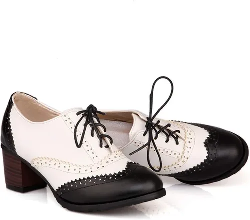 Vista 2 de Zapatos de vestir para mujer con punta de ala de Oxford, dos tonos, perforados con cordones